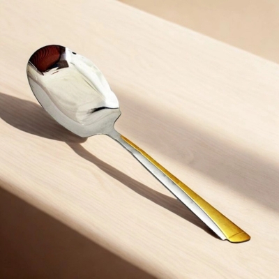 Picture of Elegant 12 Inch Rice Spoon - Stainless Steel, Silver with Golden Design, Mirror Polish, Non-Magnetic, Ideal for Cooking and Serving-Silver