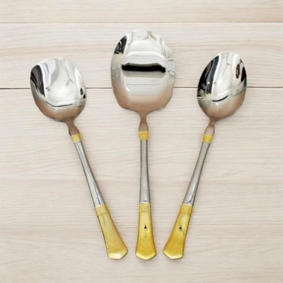 Picture of 12 Inch Stainless Steel Spoon Set - 3-Piece, Mirror Polish, Non-Magnetic, Silver with Golden Design, Includes Big Rice Spoon, Curry Serving Spoon, Flat Turner Spoon, Durable with Laser Print, Perfect for Cooking and Serving-Silver