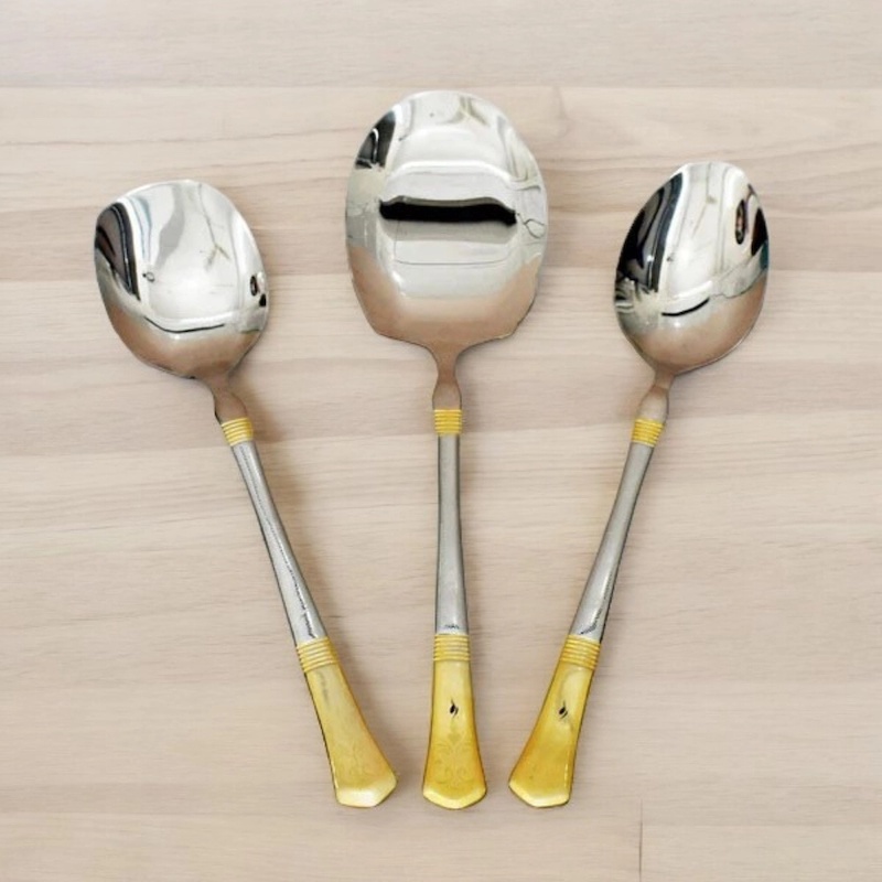 Picture of 12 Inch Stainless Steel Spoon Set - 3-Piece, Mirror Polish, Non-Magnetic, Silver with Golden Design, Includes Big Rice Spoon, Curry Serving Spoon, Flat Turner Spoon, Durable with Laser Print, Perfect for Cooking and Serving-Silver