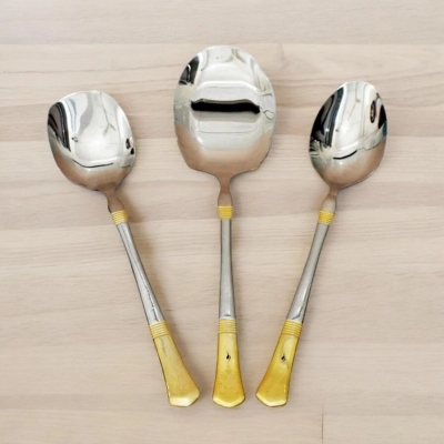 Picture of 12 Inch Stainless Steel Spoon Set - 3-Piece, Mirror Polish, Non-Magnetic, Silver with Golden Design, Includes Big Rice Spoon, Curry Serving Spoon, Flat Turner Spoon, Durable with Laser Print, Perfect for Cooking and Serving-Silver