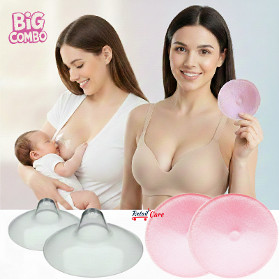 Picture of 2 Pcs Pink Reusable Breast Pads & 2 Pcs Nipple Shield Set with Box (Maternity/Feeding Essential) Silicone Nipple Protector & Soft Breast Pads (Leak Proof) for Breastfeeding Mothers