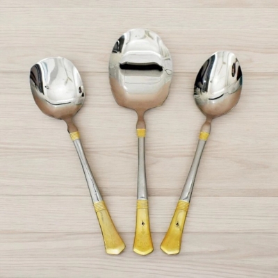 Picture of 12 Inch Stainless Steel Spoon Set - 3-Piece, Mirror Polish, Non-Magnetic, Silver with Golden Design, Includes Big Rice Spoon, Curry Serving Spoon, Flat Turner Spoon, Durable with Laser Print, Perfect for Cooking and Serving-Silver