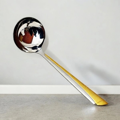 Picture of 9.2 Inch Big Rice Spoon - Stainless Steel, Mirror Polish, Non-Magnetic, Silver with Golden Design, Ideal for Cooking and Serving, Durable and Elegant, Perfect for Home and Professional Kitchens, Single Piece-Silver