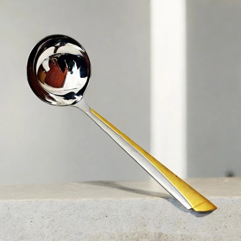 Picture of 9.2 Inch Big Rice Spoon - Stainless Steel, Mirror Polish, Non-Magnetic, Silver with Golden Design, Ideal for Cooking and Serving, Durable and Elegant, Perfect for Home and Professional Kitchens, Single Piece-Silver