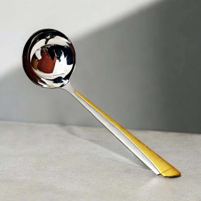 Picture of 9.2 Inch Big Rice Spoon - Stainless Steel, Mirror Polish, Non-Magnetic, Silver with Golden Design, Ideal for Cooking and Serving, Durable and Elegant, Perfect for Home and Professional Kitchens, Single Piece-Silver