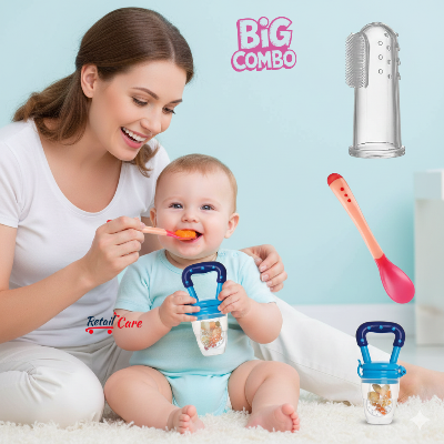 Picture of 3-in-1 Baby Feeding & Oral Care Set – Finger Brush, Magic Temperature  Spoon & Fruit Feeder Combo Complete Baby First Feeding & Teething Kit | Temperature Spoon | Food Pacifier | Finger Massager brush