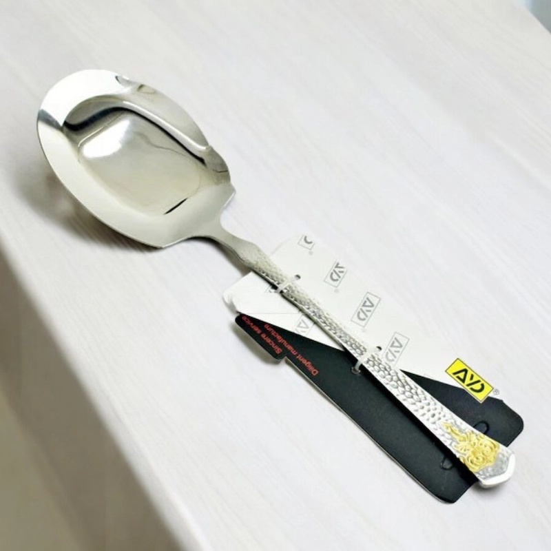Picture of 12 Inch Big Rice Serving Spoon - Stainless Steel, Mirror Polish, Non-Magnetic, Silver with Golden Design, Perfect for Cooking and Serving-Silver