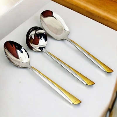 Picture of Complete 3-Piece Serving Spoon Set - Stainless Steel Big Soup Spoon, Rice Spoon, Long Rice Spoon with Golden Handles-Silver