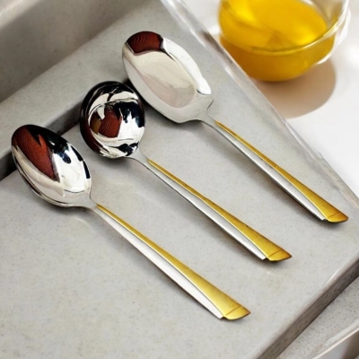 Picture of Complete 3-Piece Serving Spoon Set - Stainless Steel Big Soup Spoon, Rice Spoon, Long Rice Spoon with Golden Handles-Silver