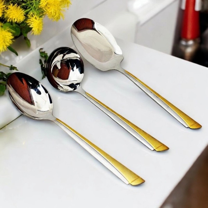 Picture of Complete 3-Piece Serving Spoon Set - Stainless Steel Big Soup Spoon, Rice Spoon, Long Rice Spoon with Golden Handles-Silver
