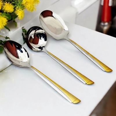 Picture of Complete 3-Piece Serving Spoon Set - Stainless Steel Big Soup Spoon, Rice Spoon, Long Rice Spoon with Golden Handles-Silver