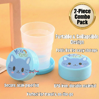 Picture of 2 Pcs Cute Cat Collapsible Travel Cup Set – Portable Folding Water Cup with Lid – Space Saving Drinking Tumbler for Kids & School Mini Travel Folding Cup 2 Pack