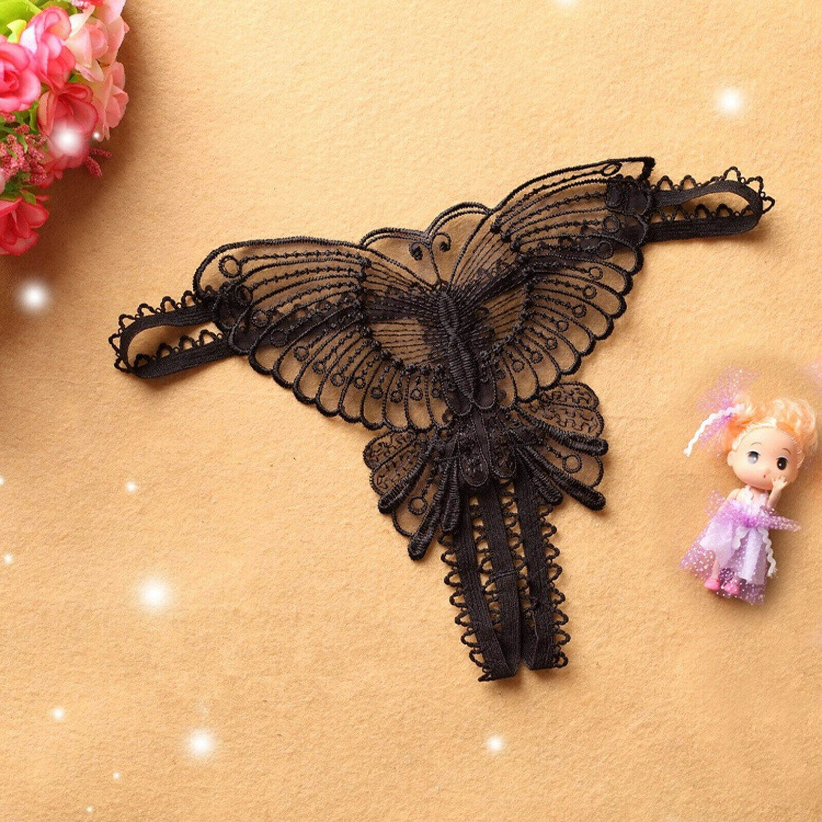 Picture of Elegant Women’s Butterfly Lace  G- String Panty– Lightweight Comfort Women Butterfly Panties Lace Thongs Panties G-String Underwear Hollow Open-Crotch Pearl Panties