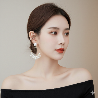 Picture of Elegant White Pearl Hoop Jhumka Earrings for Women -Luxury Korean Style White Pearl Hoop Earrings for Women Stylish Pearl Beaded Round Hoop Earrings - Trendy Fashion Jewelry for Girls.