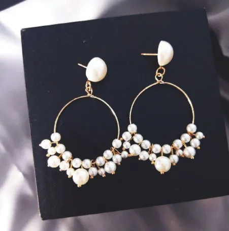 Picture of Elegant White Pearl Hoop Jhumka Earrings for Women -Luxury Korean Style White Pearl Hoop Earrings for Women Stylish Pearl Beaded Round Hoop Earrings - Trendy Fashion Jewelry for Girls.