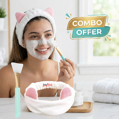 Picture of Facial Skincare Set: Soft Plush Hair Band for Washing Face with Silicone Mask Applicator|2 in 1 Combo: Cute Cat Ear Headband & Silicone Face Mask Brush for Skincare|Cat Ear Makeup Headband & Face Mask Brush - 2 Pcs Combo Set for Girls