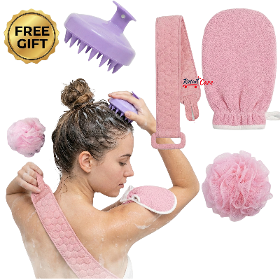 Picture of 4 in 1 Bath Body Scrubber Set - Silicone Scalp Massager, Back Scrubber Belt, Exfoliating Glove & Bath Loofah Sponge Combo|Premium Bath Accessories Set |Deep Cleaning Shower Combo |Buy Scrubber Set & Get Scalp Massager FREE