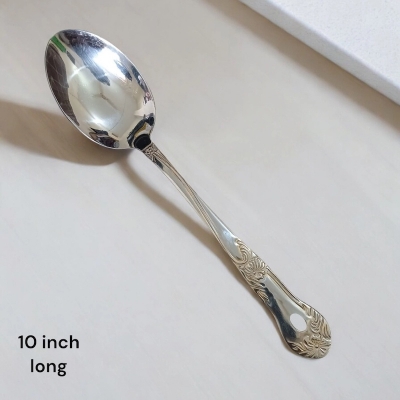 Picture of 10 Inch Long Rice Spoon - Silver Stainless Steel, Mirror Polish, Golden Handle with Cutting Print, Perfect for Cooking and Serving-Silver