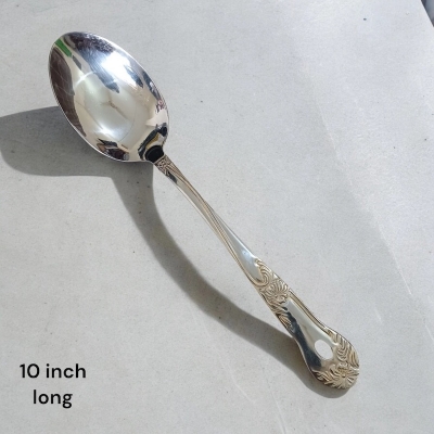 Picture of 10 Inch Long Rice Spoon - Silver Stainless Steel, Mirror Polish, Golden Handle with Cutting Print, Perfect for Cooking and Serving-Silver