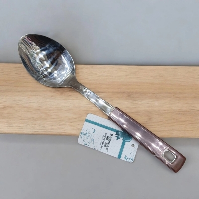 Picture of 10-Inch Silver Stainless Steel Long Rice Spoon – Mirror Polish, Non-Magnetic, Multiple Color Plastic Handle. Ideal for Cooking & Serving.-Silver