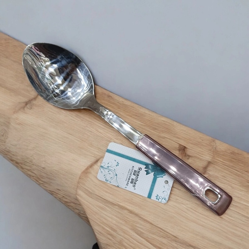 Picture of 10-Inch Silver Stainless Steel Long Rice Spoon – Mirror Polish, Non-Magnetic, Multiple Color Plastic Handle. Ideal for Cooking & Serving.-Silver