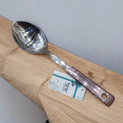 Picture of 10-Inch Silver Stainless Steel Long Rice Spoon – Mirror Polish, Non-Magnetic, Multiple Color Plastic Handle. Ideal for Cooking & Serving.-Silver