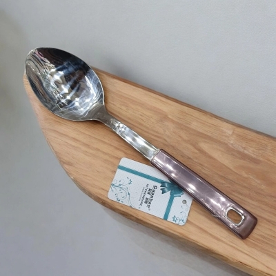 Picture of 10-Inch Silver Stainless Steel Long Rice Spoon – Mirror Polish, Non-Magnetic, Multiple Color Plastic Handle. Ideal for Cooking & Serving.-Silver