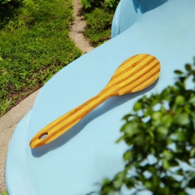 Picture of Brown 11-Inch Wooden Cooking Spoon - Bamboo with Color Step Design, Durable and Stylish for Cooking and Serving - 1 Piece-Brown