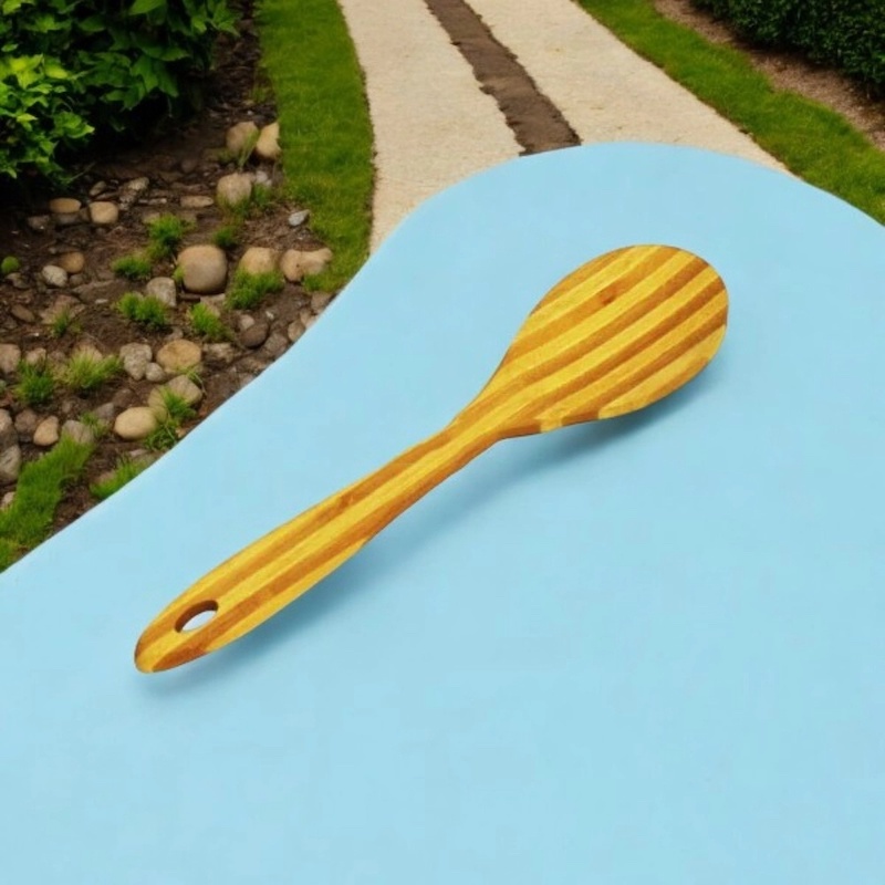 Picture of Brown 11-Inch Wooden Cooking Spoon - Bamboo with Color Step Design, Durable and Stylish for Cooking and Serving - 1 Piece-Brown