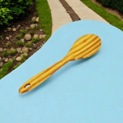 Picture of Brown 11-Inch Wooden Cooking Spoon - Bamboo with Color Step Design, Durable and Stylish for Cooking and Serving - 1 Piece-Brown