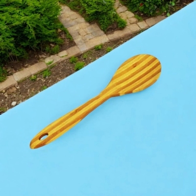 Picture of Brown 11-Inch Wooden Cooking Spoon - Bamboo with Color Step Design, Durable and Stylish for Cooking and Serving - 1 Piece-Brown