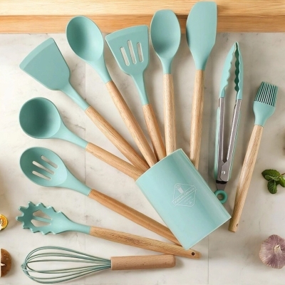Picture of  12-Piece Silicone Kitchen Utensils Set – Multicolor with Wooden Handles – Non-Stick Spatula, Shovel, Spoon – Perfect for Cooking and Serving – Includes Storage Bucket -Blue