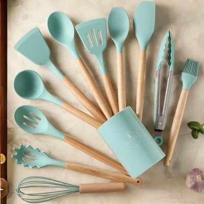 Picture of  12-Piece Silicone Kitchen Utensils Set – Multicolor with Wooden Handles – Non-Stick Spatula, Shovel, Spoon – Perfect for Cooking and Serving – Includes Storage Bucket -Blue