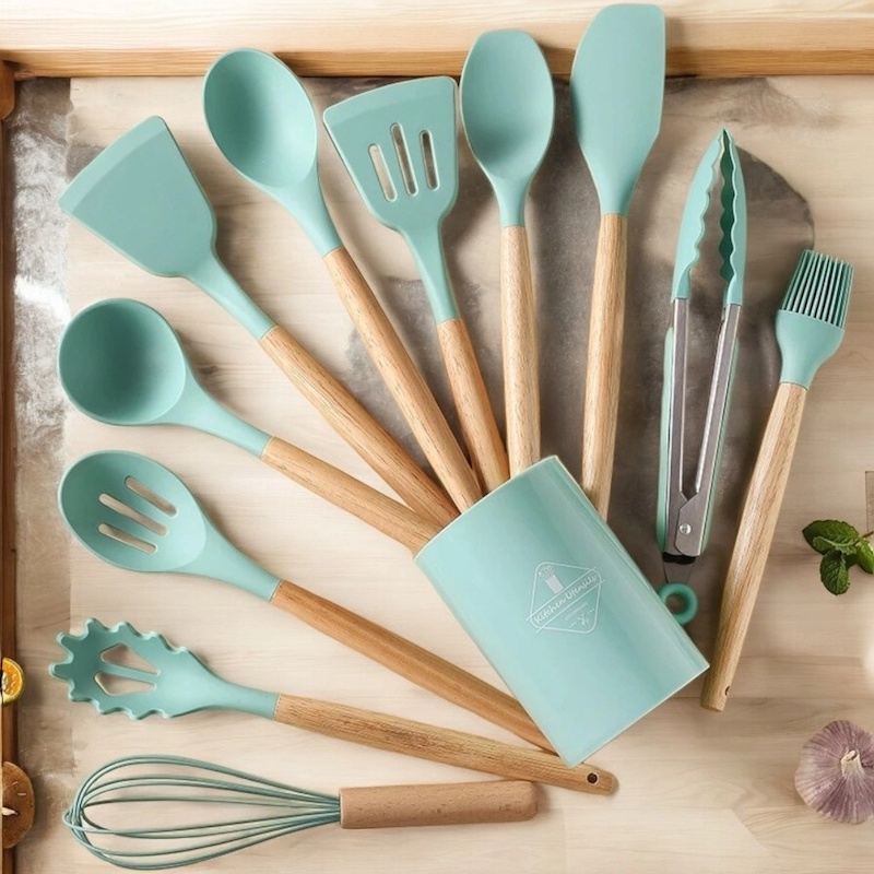 Picture of  12-Piece Silicone Kitchen Utensils Set – Multicolor with Wooden Handles – Non-Stick Spatula, Shovel, Spoon – Perfect for Cooking and Serving – Includes Storage Bucket -Blue