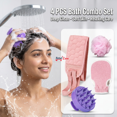 Picture of 4 PCS Bath Combo Set – Exfoliating Back Scrubber, Loofah, Glove & Silicone Scalp Massager | Deep Clean Skin & Hair Care| bath accessories set