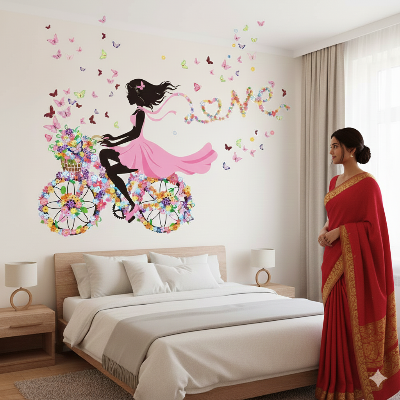 Picture of Romantic Girl Bicycle Flower Wall Sticker with Butterflies DIY Large Wall Art Decal for Bedroom Living Room (Easy Install)