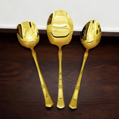 Picture of 3-Piece Stainless Steel Serving Spoon Set - 12 Inch Big Rice Spoon, Curry Serving Spoon, Flat Turner Spoon, Mirror Polish, Non-Magnetic, Golden Design, Perfect for Cooking and Serving-Gold