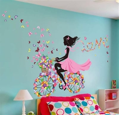 Picture of Romantic Girl Bicycle Flower Wall Sticker with Butterflies DIY Large Wall Art Decal for Bedroom Living Room (Easy Install)