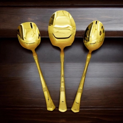Picture of 3-Piece Stainless Steel Serving Spoon Set - 12 Inch Big Rice Spoon, Curry Serving Spoon, Flat Turner Spoon, Mirror Polish, Non-Magnetic, Golden Design, Perfect for Cooking and Serving-Gold