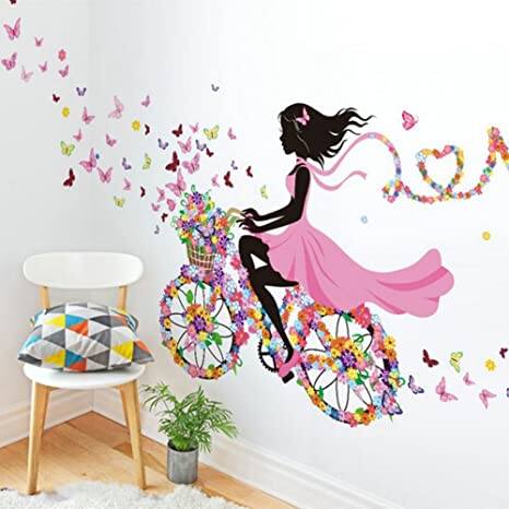 Picture of Romantic Girl Bicycle Flower Wall Sticker with Butterflies DIY Large Wall Art Decal for Bedroom Living Room (Easy Install)