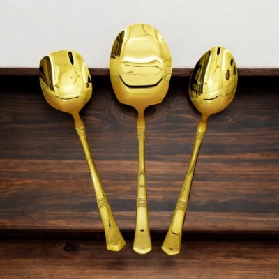 Picture of 3-Piece Stainless Steel Serving Spoon Set - 12 Inch Big Rice Spoon, Curry Serving Spoon, Flat Turner Spoon, Mirror Polish, Non-Magnetic, Golden Design, Perfect for Cooking and Serving-Gold
