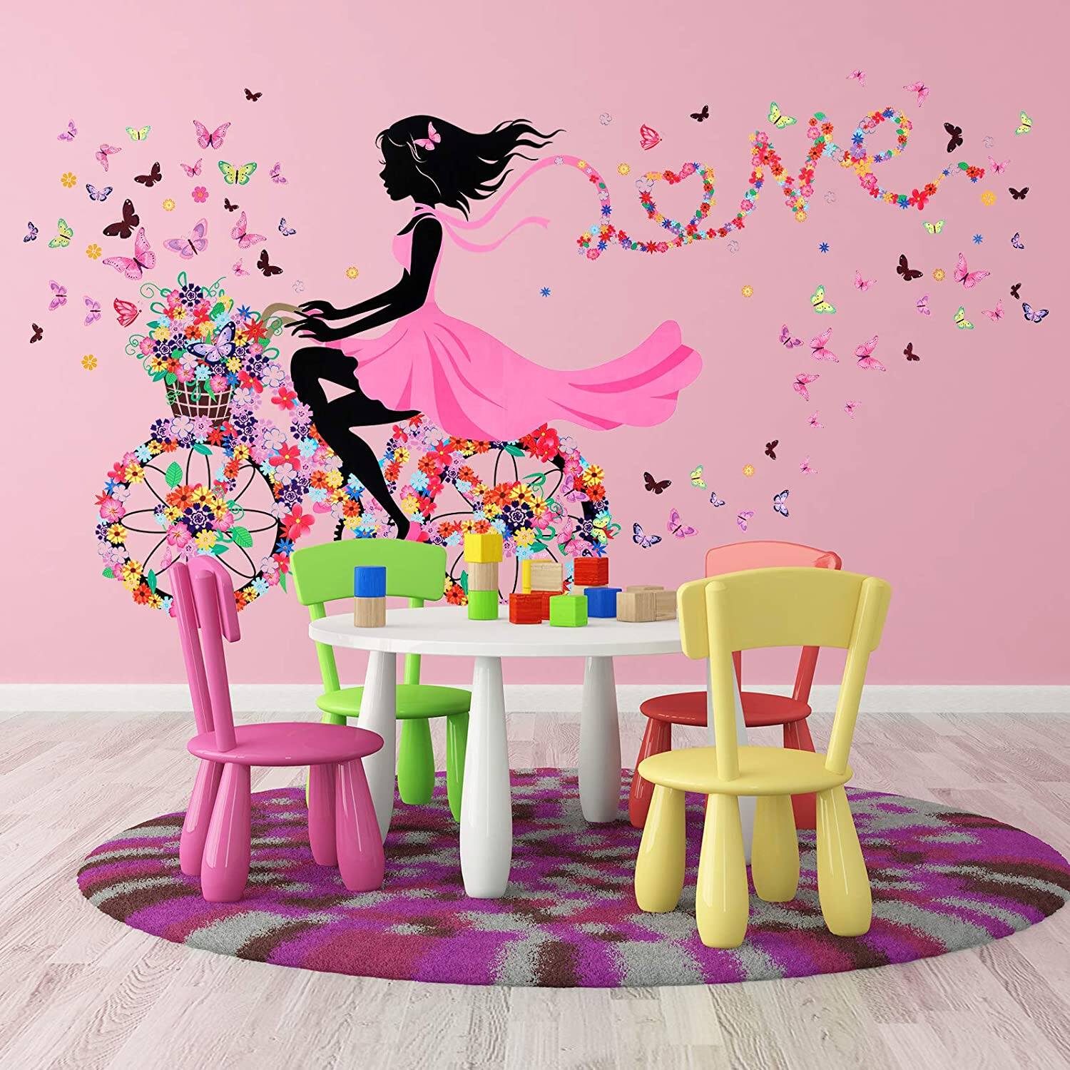 Picture of Romantic Girl Bicycle Flower Wall Sticker with Butterflies DIY Large Wall Art Decal for Bedroom Living Room (Easy Install)