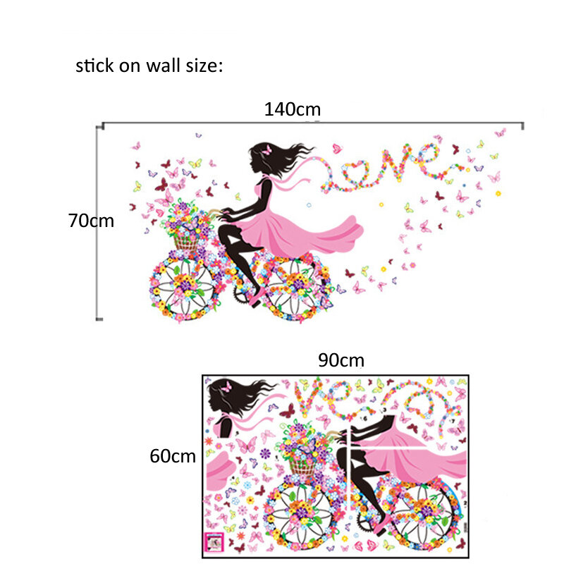 Picture of Romantic Girl Bicycle Flower Wall Sticker with Butterflies DIY Large Wall Art Decal for Bedroom Living Room (Easy Install)