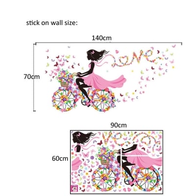 Picture of Romantic Girl Bicycle Flower Wall Sticker with Butterflies DIY Large Wall Art Decal for Bedroom Living Room (Easy Install)