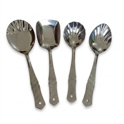 Picture of Kitchen Spoon Set by Rosy  Stainless Steel, 10 Inch. Includes Solid Turner, Big Soup, Serving, and Rice Spoons. Mirror Polish, Matches Picture Design. Perfect for Cooking and Serving.-Silver