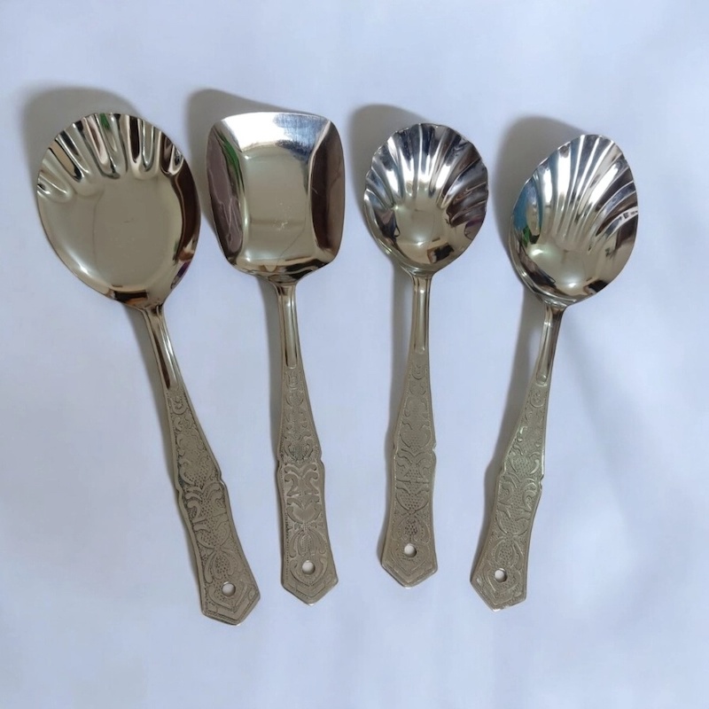 Picture of Kitchen Spoon Set by Rosy  Stainless Steel, 10 Inch. Includes Solid Turner, Big Soup, Serving, and Rice Spoons. Mirror Polish, Matches Picture Design. Perfect for Cooking and Serving.-Silver