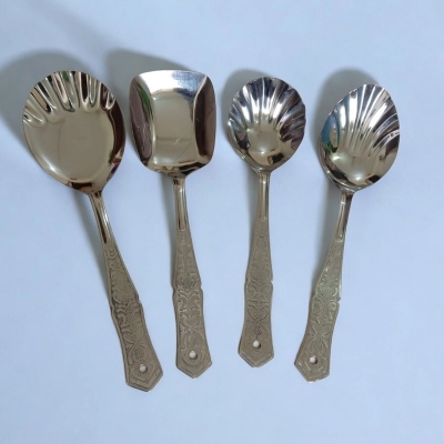 Picture of Kitchen Spoon Set by Rosy  Stainless Steel, 10 Inch. Includes Solid Turner, Big Soup, Serving, and Rice Spoons. Mirror Polish, Matches Picture Design. Perfect for Cooking and Serving.-Silver