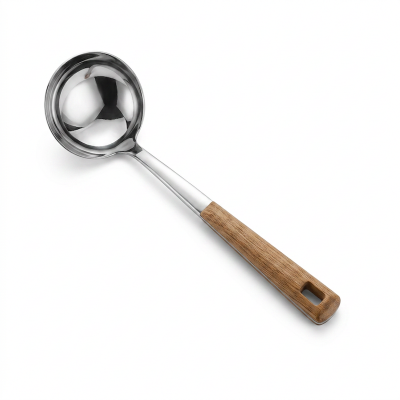 Picture of Silver Big Soup Spoon – 9-Inch Stainless Steel – Wooden Color Plastic Cover Handle – Ideal for Cooking and Serving – Mirror Polish, Non-Magnetic – 1 Piece-Silver