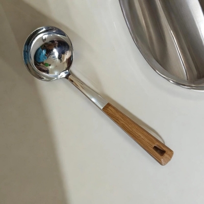 Picture of Silver Big Soup Spoon – 9-Inch Stainless Steel – Wooden Color Plastic Cover Handle – Ideal for Cooking and Serving – Mirror Polish, Non-Magnetic – 1 Piece-Silver