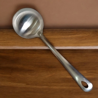 Picture of 9 Inch Big Soup Spoon, Silver Stainless Steel, Non-Magnetic. Designed for Cooking and Serving, This Large Spoon Ensures Effortless Handling of Soups and Stews in Any Kitchen Setting.-Silver